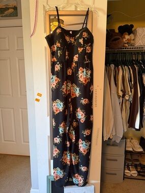 Xhilaration Black Floral Spaghetti-Strap Jumpsuit